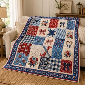 Patriotic Patchwork Quilt, Red White Blue Floral Farmhouse Throw Blanket, Vintage Cottage Sofa Cover, Handmade Style Home Decor Gift