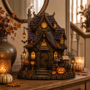 Aangepaste heksenhuis halloween decor, spooky spookhuis beeldje, verlichte pompoen vleermuis tafelblad display, rustieke herfstmantel cadeau voor thuis
