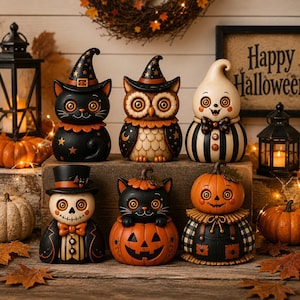 Rustik Halloween-trädekoration, svart kattuggla, spökpumpafigurer, nyckfull höstmanteldisplay, presentidé till lantlig kuslig säsong bild 1