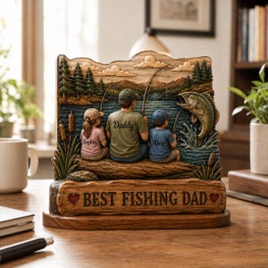 May include: A wooden fishing-themed sculpture featuring a father and two children fishing. The sculpture includes the text "Best Fishing Dad" and the names "Sophia" and "Alex". The background depicts a lake and a leaping fish.