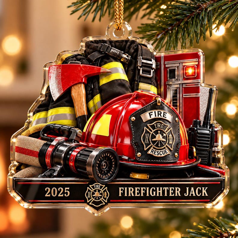 Pu&ograve; includere: Un ornamento decorativo con un casco da vigile del fuoco rosso con emblema Fire Rescue, un'ascia rossa, una giacca nera con strisce riflettenti gialle, una lancia antincendio e una radio. La base riporta il testo 2025 FIREFIGHTER JACK.