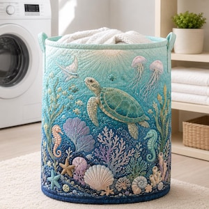Könnte beinhalten: Ein zylindrischer Wäschekorb aus Stoff mit gesteppter Textur und Unterwasserszene. Das Design zeigt eine Meeresschildkröte, Seepferdchen, Quallen, einen Rochen, Korallen und verschiedene Muscheln in Blau-, Türkis- und sanften Violetttönen.