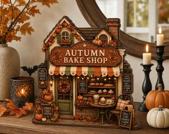 Autumn Bake Shop Wooden Block, Fall Bakery Shelf Sitter, Pumpkin Spice Kitchen Decor, Cozy Cottage Halloween Tabletop Sign, Fall Gift
