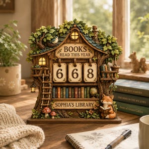 Enchanted Forest Book Tracker, Personalized Books Read This Year Counter, Fairy Cottage Library Decor, Cozy Reading Gift for Kids Room