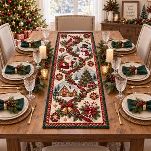May include: A rectangular Christmas table runner featuring a quilted design with a Santa Claus, a snowman, a decorated pine tree, a snow-covered house, candy canes, and bells, set on a wooden dining table with place settings and napkins.