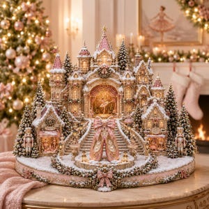 Peut inclure: Un château miniature décoratif présentant une figurine de ballerine centrale, des chaussons de danse roses avec un grand nœud et deux casse-noisettes. La structure est ornée de neige, de sapins et d'un éclairage intérieur chaud sur un socle rond.