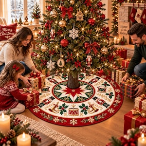 May include: A round Christmas tree skirt featuring a central red and green star pattern, surrounded by illustrations of nutcrackers, drums, golden trumpets, and holly leaves on a cream background, finished with a wide red border and gold snowflakes.