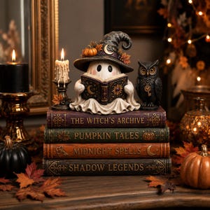 Puede incluir: Una figura decorativa que muestra un fantasma blanco con un sombrero puntiagudo leyendo un libro, colocada sobre una pila de cuatro libros titulados The Witch's Archive, Pumpkin Tales, Midnight Spells y Shadow Legends, junto a un búho negro.