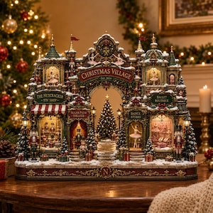 May include: A detailed Christmas village display featuring a central archway, a lit Christmas tree, and storefronts labeled The Nutcracker Toy Shop, Sugar Plum Theater, Ballet Boutique, and Dance Studio, with nutcracker figures and ballerinas.