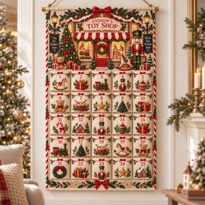Peut inclure: Un calendrier de l'Avent mural en tissu représentant une boutique de jouets intitulée Andrew's Toy Shop. Il comporte vingt-cinq poches numérotées ornées d'illustrations festives telles que des casse-noisettes, des oursons et des cadeaux.