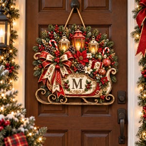 Christmas Sleigh Lantern Wooden DoorSign,Personalized Monogram 2layer Wood Door Hanger,Vintage Santa Sleigh Wreath,Rustic Holiday Door Decor
