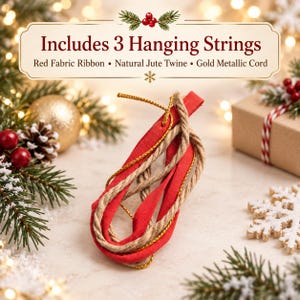 Pu&ograve; includere: Un set di tre cordini per appendere, composto da un nastro in tessuto rosso, spago di juta naturale e un cordoncino metallico dorato. Il testo recita: Includes 3 Hanging Strings, Red Fabric Ribbon, Natural Jute Twine, Gold Metallic Cord.