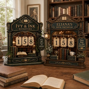 May include: Two ornate, dark-toned book nook dioramas featuring miniature library interiors with illuminated shelves. One is labelled Ivy & Ink Bookstore, the other Eliana's Book Emporium. Both display the number 158 and hanging signs with text.