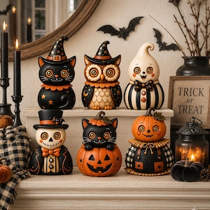 Rustik Halloween-trädekoration, svart kattuggla, spökpumpafigurer, nyckfull höstmanteldisplay, presentidé till lantlig kuslig säsong bild 2
