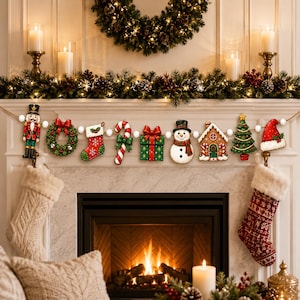 May include: A Christmas garland featuring a series of hanging ornaments including a nutcracker, a wreath, a stocking, a candy cane, a gift box, a snowman, a gingerbread house, a Christmas tree, and a Santa hat, all strung on a white bead cord.