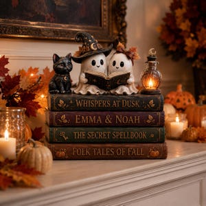 Puede incluir: Una pila decorativa de cuatro libros con los títulos Whispers at Dusk, Emma & Noah, The Secret Spellbook y Folk Tales of Fall. Sobre los libros hay una figura de gato negro, dos figuras de fantasmas leyendo y una pequeña linterna brillante.