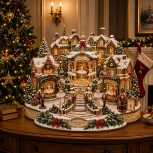 Könnte beinhalten: Ein detailliertes Miniatur-Weihnachtsdorf mit dem Titel École de Ballet, das eine zentrale Bühne mit Ballerinas, Gebäude mit schneebedeckten Dächern, beleuchtete Fenster, Nussknacker-Figuren und Tannenbäume auf einem runden Sockel zeigt.