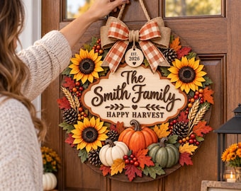 Letrero de madera para puerta con diseño de girasol y calabaza, corona de otoño personalizada de 2 capas, decoración rústica de otoño para la puerta principal, letrero para el porche de Acción de Gracias.
