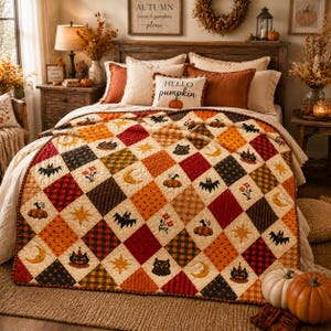 May include: A quilted bedspread featuring a diamond pattern with alternating squares of orange, red, brown, and cream. The design includes printed motifs of bats, pumpkins, crescent moons, stars, flowers, owls, and cats wearing witch hats.
