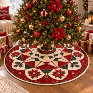 May include: A round quilted Christmas tree skirt featuring a geometric star pattern in red, cream, and dark green. The fabric displays printed poinsettia flowers and holly leaf motifs with intricate stitching throughout the circular textile base.