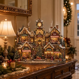Villaggio di Natale con decorazioni in legno, allestimento natalizio per il municipio, ornamento rustico invernale per il camino, decorazione festiva da tavolo per regali