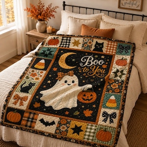 Halloween Geist Quilt Decke, Herbst Patchwork Decke, Kürbis Schwarze Katze Mond Sterne Gemütlich Herbst Wohnkultur, gestepptes Geschenk