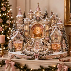 Könnte beinhalten: Eine detaillierte weihnachtliche Schloss-Miniatur mit einer zentralen Ballerina, verzierten Treppen und schneebedeckten Türmen. Das Bauwerk umfasst beleuchtete Fenster, rosa Schleifen und Nussknacker-Figuren auf einem runden Sockel mit Tannengrün.