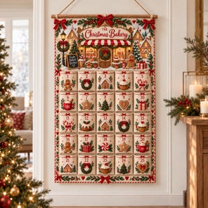 Puede incluir: Un calendario de Adviento de tela para colgar con una ilustración de una panadería en la parte superior con el texto The Christmas Bakery y Fresh Baked Goodies. Tiene veinticinco bolsillos numerados decorados con iconos festivos como hombres de jengibre, coronas y bastones de caramelo en colores rojo, verde y blanco.