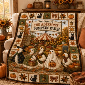 Pode incluir: Uma colcha retangular apresentando uma cena central de quatro patos fantasiados, incluindo uma bruxa, um fantasma e um pato adornado com girassóis, com o texto Welcome to The Aderson's Pumpkin Patch, cercada por uma borda de abóboras e gatos.