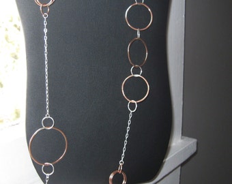 Sterling Silver and Copper Long Asymmetrical Circle Link Necklace