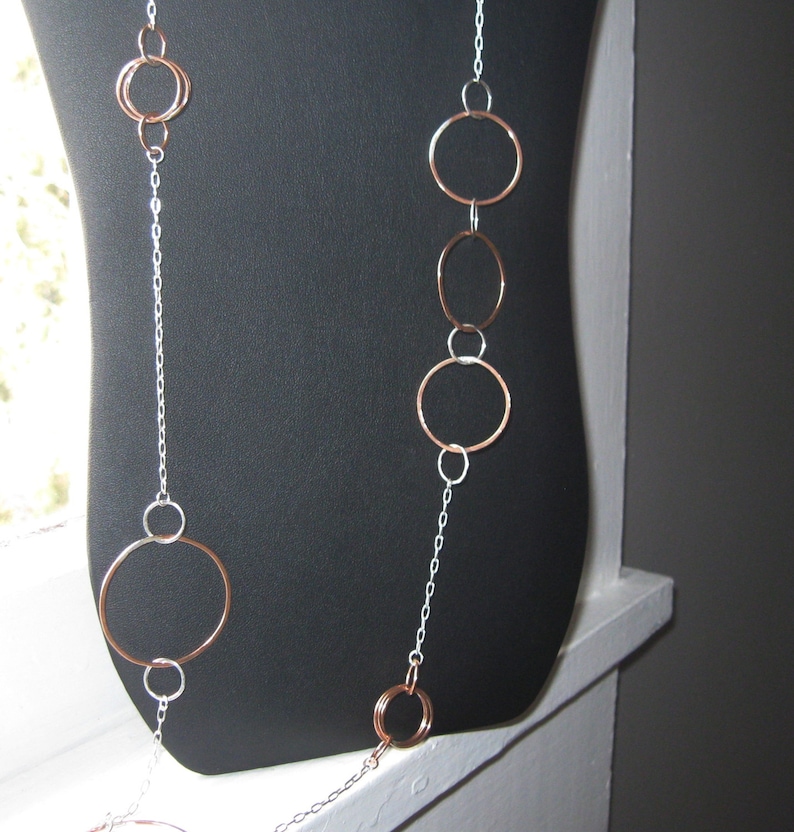 Sterling Silver and Copper Long Asymmetrical Circle Link Necklace image 1