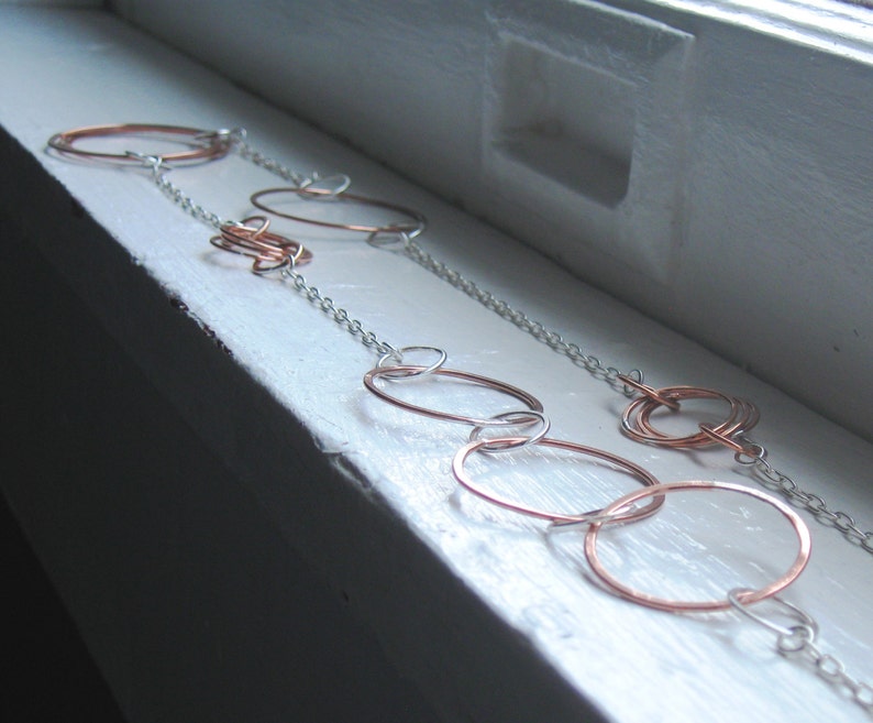 Sterling Silver and Copper Long Asymmetrical Circle Link Necklace image 2