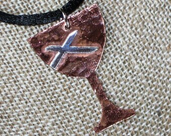 Hammered Copper Chalice Pendant with Sterling St. Andrew's Cross (Disciples of Christ) for Week of Compassion by Resurrection Silver