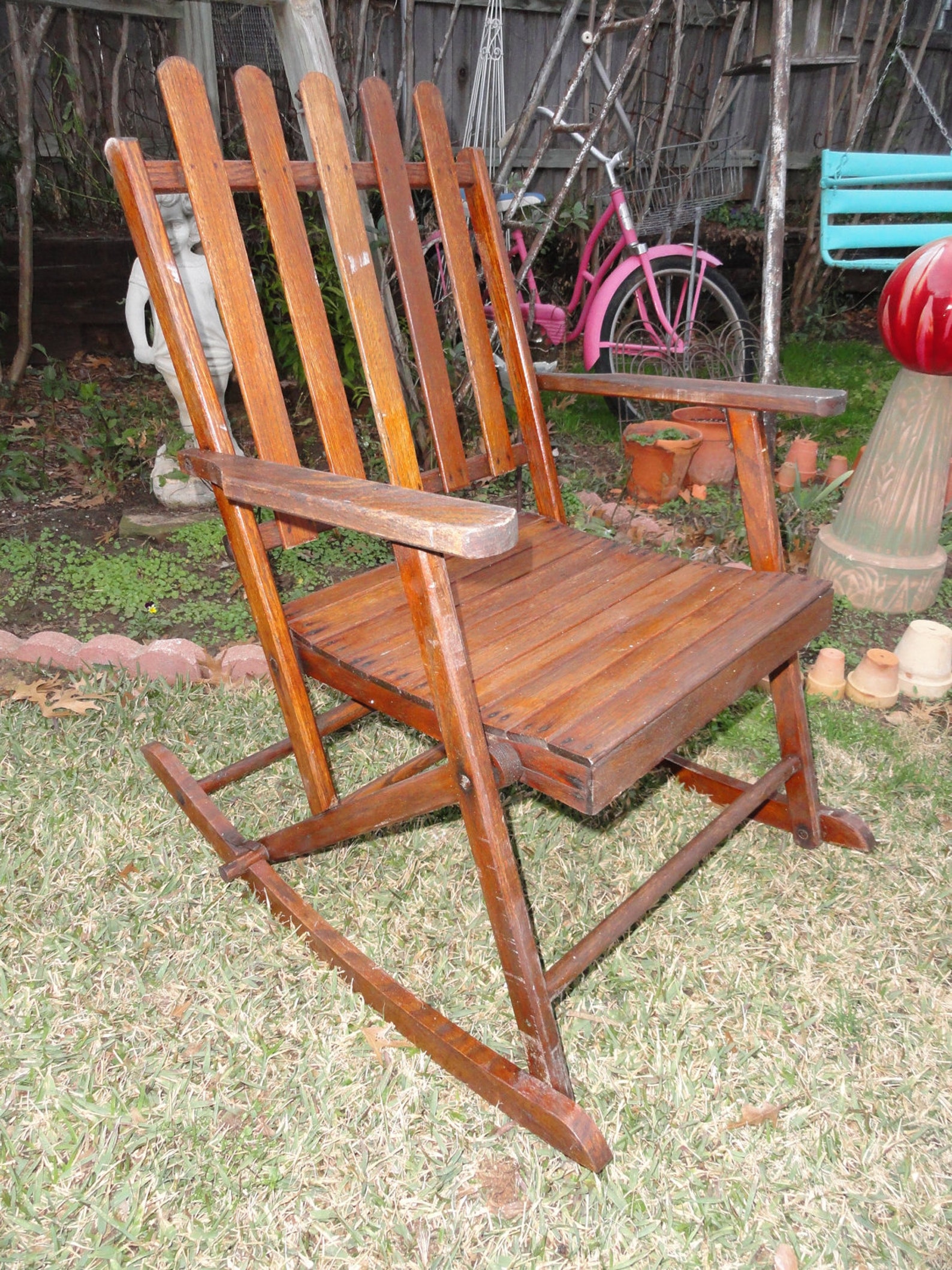 Vintage Rocking Chair Folding Wood Slats 1930s Rustic Lodge Etsy