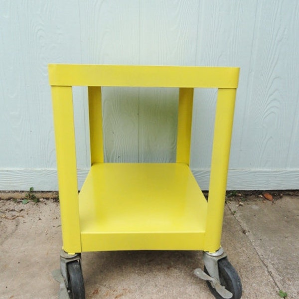 Vintage Industrial Cart End Table Side Table Rolling Metal with Casters Yellow