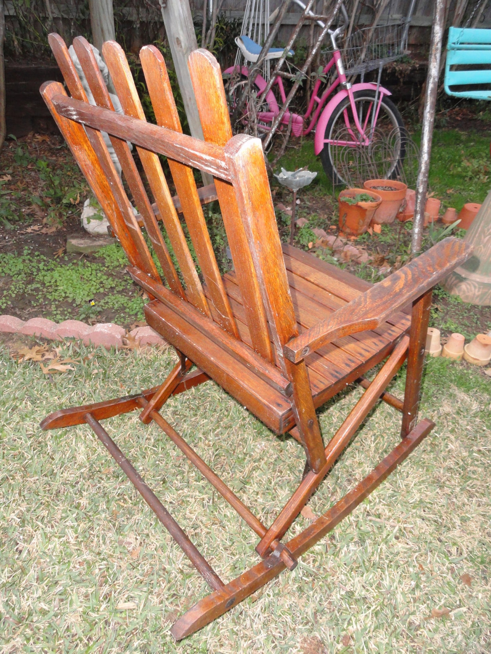 Vintage Rocking Chair Folding Wood Slats 1930s Rustic Lodge Etsy