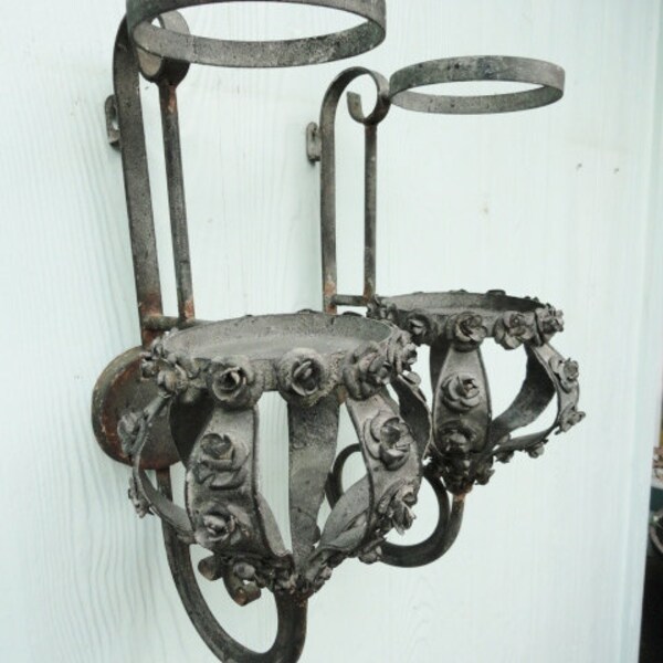 Vintage Sconce Ornate Black Wrought Iron Roses Wall Hanging