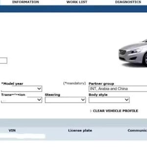 May include: A vehicle profile interface on a computer screen. The interface has fields for vehicle details like VIN, model, and engine. A silver car is displayed in the top right. Measurements are in cm.