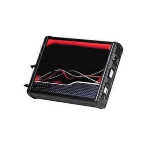 Può includere: Dispositivo elettronico nero con parte superiore illuminata di rosso e un design a forma di onda in bianco e rosso. Il dispositivo ha più porte e pulsanti sul lato. La parte anteriore ha un motivo a pois.