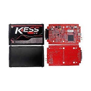 May include: Electronic components, including a black and red KESS V2 device and two red circuit boards. The KESS V2 device has the text "KESS V2" in white and red on a black background. The circuit boards are red with various electronic components.