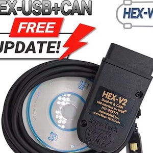 May include: A black HEX-V2 USB interface for VCDS with a coiled black cable and a CD-ROM. The image includes the text "HEX-USB+CAN", "FREE UPDATE!", and "HEX-V2". The product is assembled by Ross-Tech.