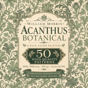 William Morris Acanthus Botaniska Sömlösa Mönster | 50 Digitala Papper med Rika Färgpaletter (Digital Nedladdning)