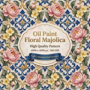 Oil Paint Floral Tile Pattern | Pink Rose Mediterranean Majolica Repeat (Digital Download)