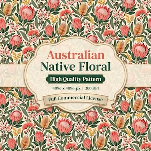 Op de afbeelding: Een herhalend patroon van inheemse Australische bloemen, waaronder roze protea's, gele banksia's en kleine roze bloesems op een crèmekleurige achtergrond. Een centraal beige label bevat de tekst: Australian Native Floral, High Quality Pattern, 4096 x 4096 px | 300 DPI, Full Commercial License.