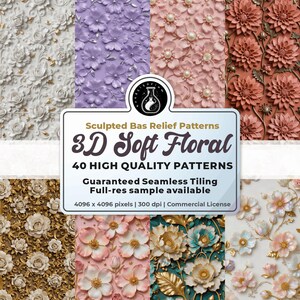 May include: A digital collection of 40 high-quality 3D soft floral sculpted bas-relief patterns featuring various colours including white, purple, pink, terracotta, gold, and teal. The text reads Sculpted Bas Relief Patterns 3D Soft Floral.
