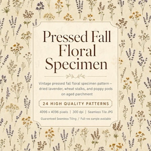 May include: A digital graphic featuring a repeating pattern of pressed dried lavender, wheat stalks, and poppy pods on an aged parchment background. The central text reads: Pressed Fall Floral Specimen, 24 HIGH QUALITY PATTERNS, 4096 x 4096 pixels.