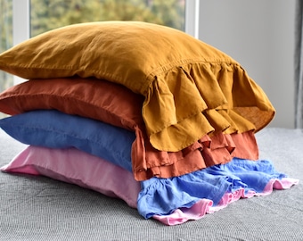 Weicher Kissenbezug aus Leinen mit Rüschen / Vorgewaschene Bettwäsche aus Leinen / Erhältlich in den Größen Standard, Queen, King und Body Pillow / Weiche Haptik