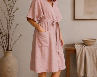 LINEN Kimono ROBE, linen wrap dress, womens , loose fit linen dress, green linen outfit, white linen clothing, minimalist linen robe