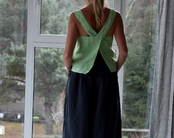 Damen-Hose und Oberteil aus Leinen / Outfit aus 100 % Leinen / Damen-Leinenkleidung / Set aus Hosen und Oberteil mit entspannter Passform / leichte Leinenkleidung