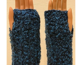 Blue and Black: Heavyweight Handmade Crocheted Fingerless Mittens, Wrist Warmers, Multipurpose Gloves, Soft Washable and Dryable Yarn